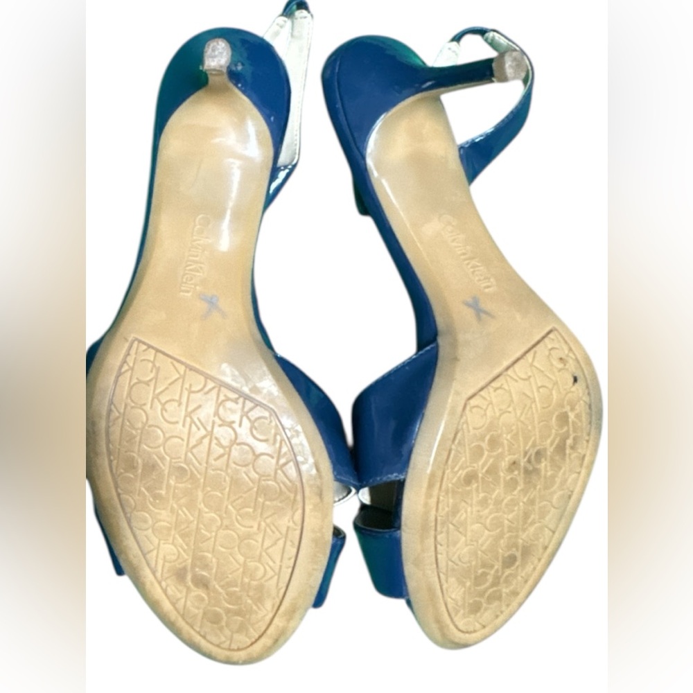New Calvin Klein Sz 8 Navy Blue Heeled Leather Slingback Sexy Open Toe Sandals - Picture 6 of 6